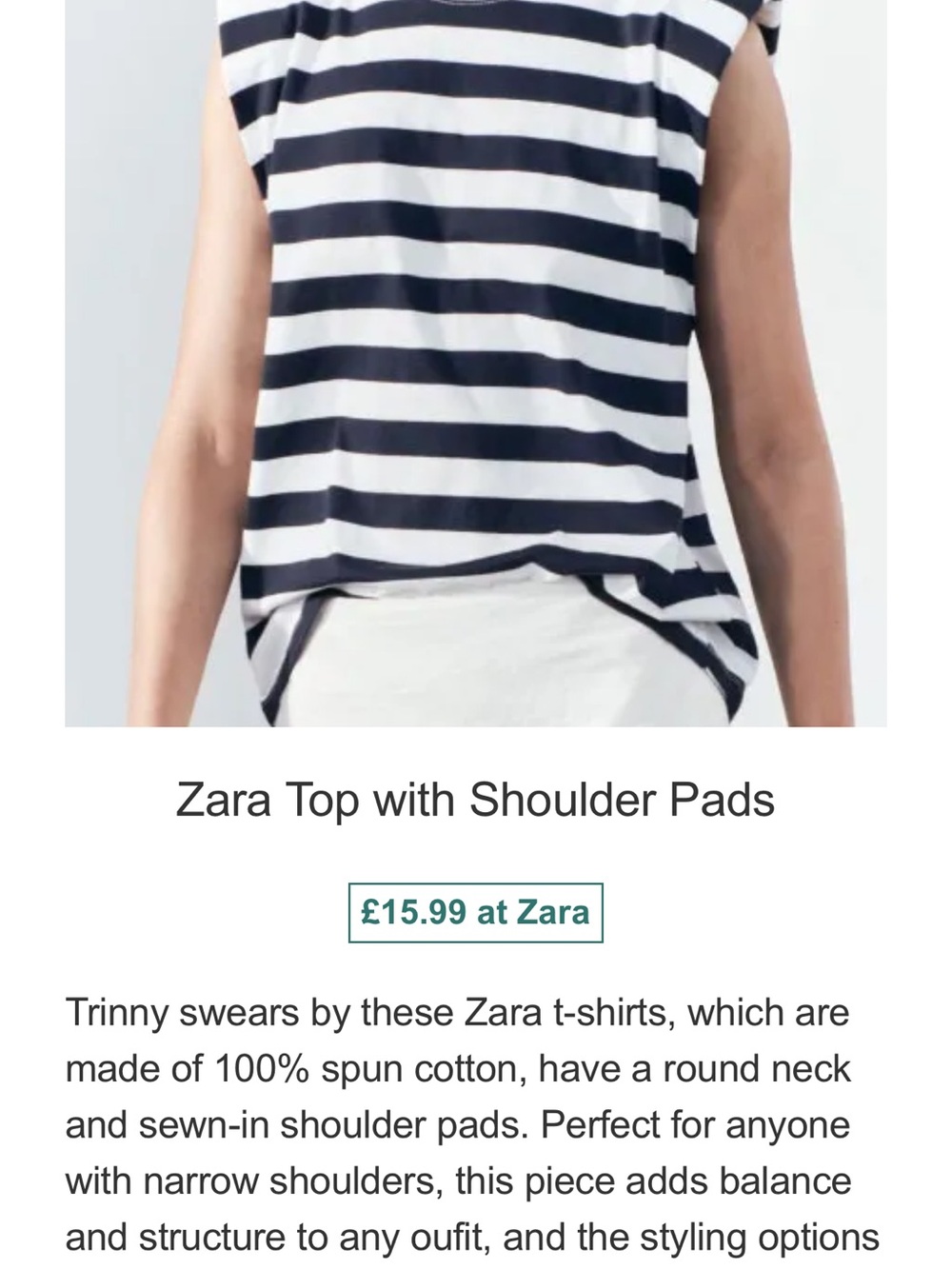 Zara Navy and White Striped Sleeveless Top with Shoulder Pads